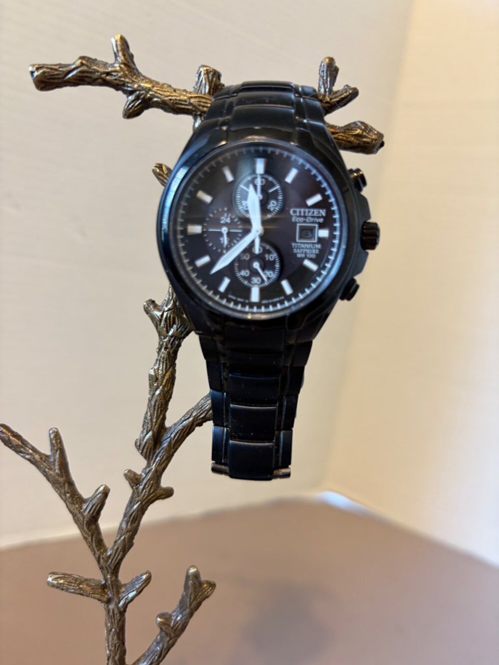 Citizen Eco-Drive Titanium Sapphire Chronograph Watch WR 100 Black Band Mens